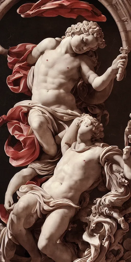 Prompt: a baroque delicate marble sculpture of handsome teenage demon boy laying back with arm behind his head while checking his notifications on his phone, red silk flowing fabric, flying black demon cherubs, marble white columns, black plastic, black tar particles, Greek elements, human teeth. full-length view. baroque element. intricate artwork by caravaggio. many many bats flying in the background. Trending on artstation. halo. octane render, cinematic, hyper realism, octane render, 8k, depth of field, bokeh. iridescent accents. vibrant. sakura color scheme