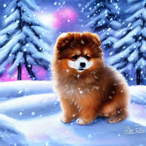 Image similar to cute fluffy pomeranian puppy sitting in snowy winter landscape detailed painting 4 k