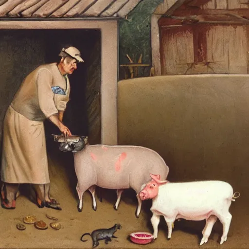 Image similar to butcher feeding a cat, while being watched by a pig, a sheep, a chicken and a cow