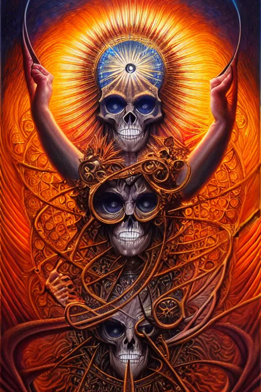 Image similar to A beautiful detailed orixa sun godness, tarot card, by tomasz alen kopera and Justin Gerard, symmetrical features, ominous, magical realism, texture, intricate, ornate, royally decorated, skull, skeleton, whirling smoke, embers, red adornements, red torn fabric, radiant colors, fantasy, trending on artstation, volumetric lighting, micro details, 3d sculpture, ray tracing, 8k, anaglyph effect