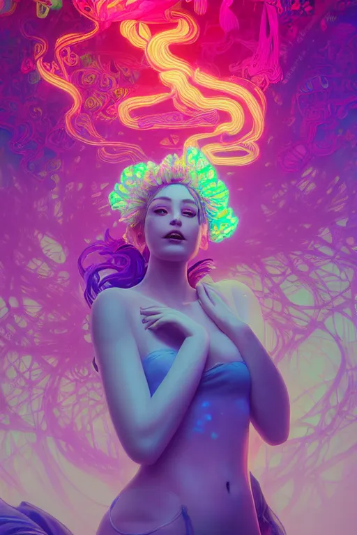 Image similar to a gorgeous woman surrounded by colorful liquid clouds and neon smoke, fantasy, extremely detailed, psychedelic experience, psilocybin, dmt, lsd, face, highly detailed, artstation, alphonse mucha, hana yata, and artem demura and beeple, octane render, unreal engine, 8 k