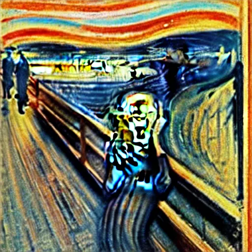 Image similar to painting of edvard munch's the scream zoomed out perspective, highly accurate, 8 k, highly ornate intricate details, rich colors, hyperrealistic,