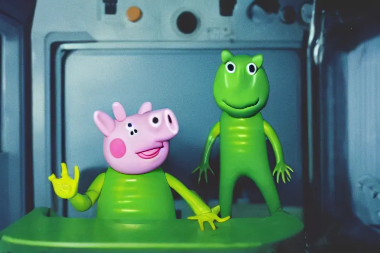 Image similar to peppa the pig with xenomorph body from movie alien 1 9 7 9, staying at nostromo spaceship. extreme long shot, cinestill, black and blue and acid green colors