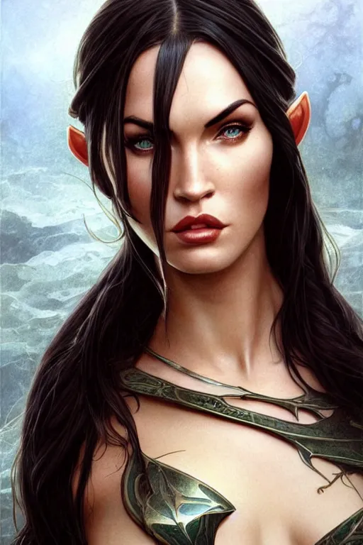 Prompt: portrait of megan fox elven mage, dark, piercing eyes, gentle expression, elegant clothing, photorealistic, highly detailed, artstation, smooth, sharp focus, art by michael whelan, artgerm, greg rutkowski and alphonse mucha