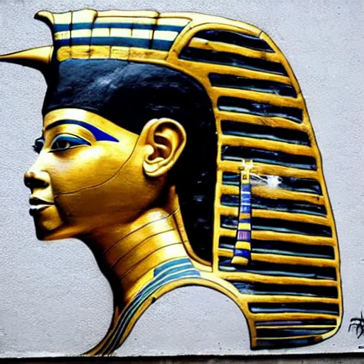 Image similar to a graffiti portrait of king tutankhamen, street art, highly detailed by banksy