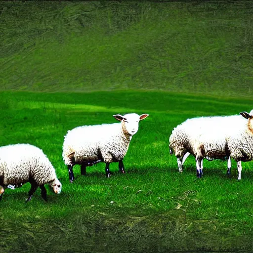 Image similar to 3 sheep on a green hill digital art