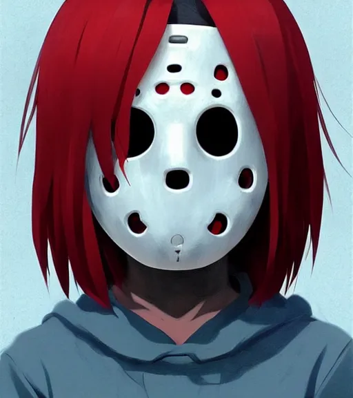 Prompt: beautiful little boy anime character inspired by jason voorhees, art by rossdraws, wlop, ilya kuvshinov, artgem lau, sakimichan and makoto shinkai, concept art, anatomically correct, extremely coherent, realistic, mask, smooth hd, 8 0 s haircut, red lighting, horror film cover