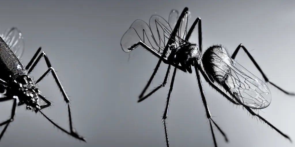 Image similar to extremely detailed macro photograph of a mosquito, blur, glare, veins, transparency, bubbles, professional photography, studio, microscope