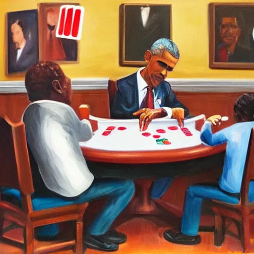 Prompt: Several copies of Barack Obama playing poker around a table, oil painting, warm lighting