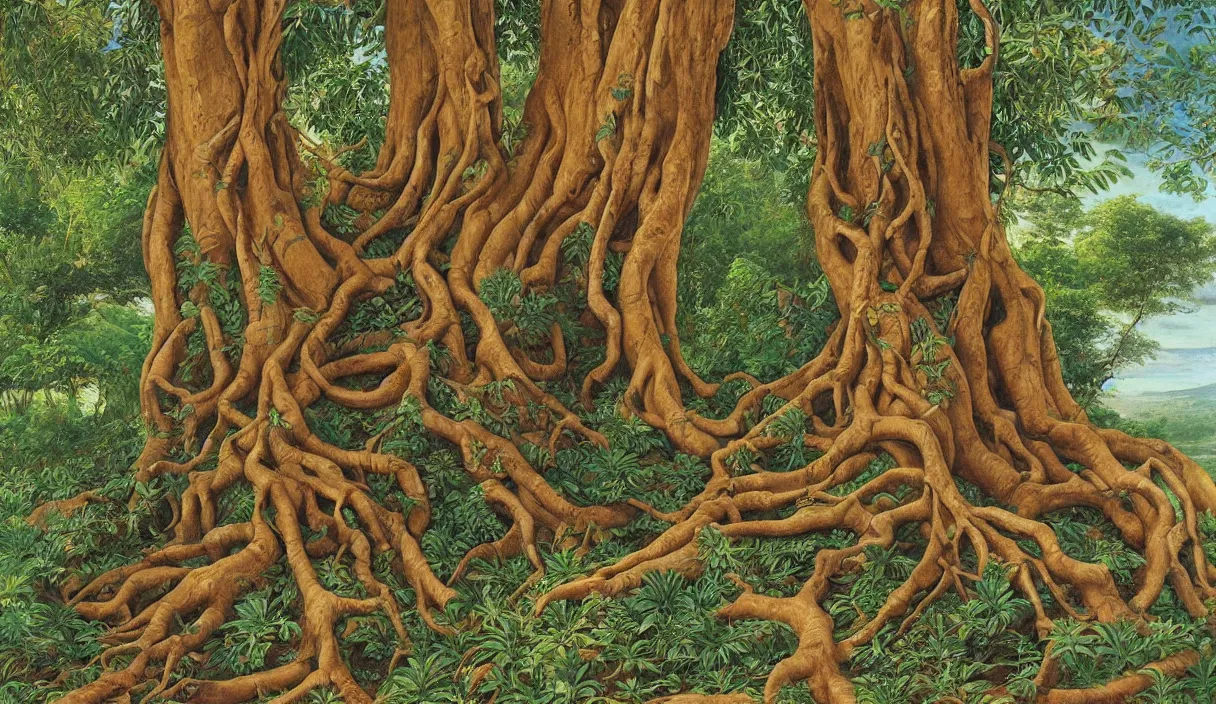 Prompt: massive tree trunk with lots of roots, close up, detailed by marianne north by moebius