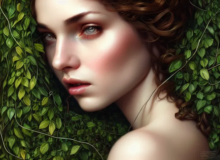 Image similar to highly detailed beautiful woman wrapped up in vines, illustration, realistic eyes, artstation, cinematic lighting, hyperdetailed, detailed realistic symmetrical eyes, cgsociety, 8k, high resolution, Charlie Bowater, Tom Bagshaw, Norman Rockwell, insanely detailed and intricate, clean white background
