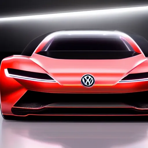 Prompt: a concept volkswagen vision gran turismo supercar inside a dark showroom with studio spotlights reflecting on the bodywork