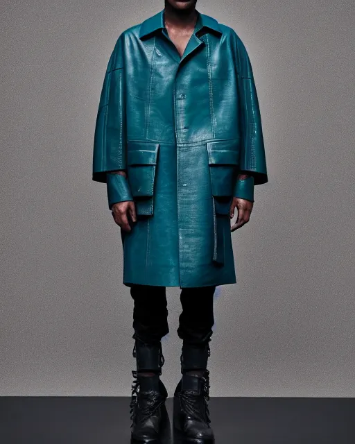 Prompt: an award - winning photo of a male model wearing a baggy teal distressed medieval leather menswear field jacket by issey miyake, 4 k, studio lighting, wide angle lens