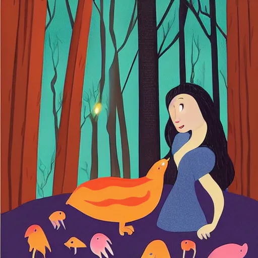 Prompt: offhand, dull by debbie criswell. a beautiful illustration of princess aurora singing in the woods while surrounded by animals. she looks so peaceful & content in the company of the animals, & the colors are simply gorgeous.