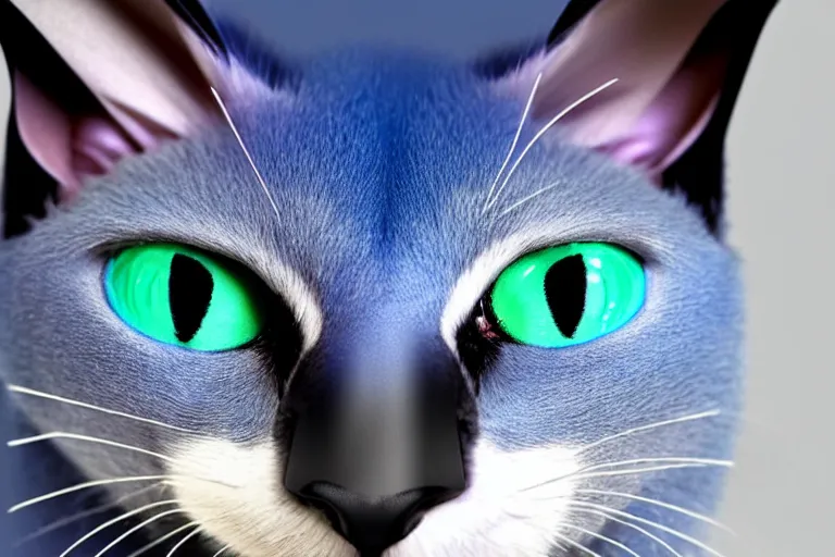 Image similar to a blue - and - black male heterochromatic catbat fursona with blue / green heterochromatic eyes ( differently - colored eyes, one green, one blue ) and huge bat ears, photo of the catbat streaming on his computer