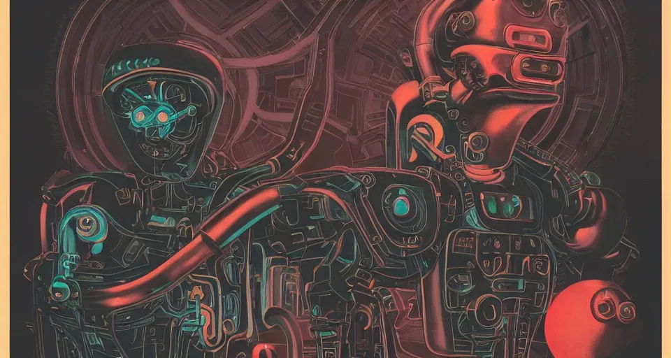 Prompt: retro vintage sci-fi : : dark 2D matte gouache illustration : : dark lively blissful holistic cyborg being of robotic awareness and consciousness : : ornate : : detailed : : majestic : :