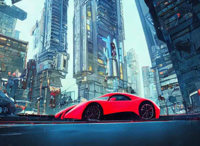 Image similar to a sport car in a city. sharp focus, cinematic pose, cinematic lighting, unreal engine render. art by josan gonzales and moebius and deathburger.