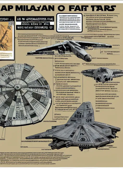 Image similar to airplane safety card on on how to evacuate the millennium falcon, glossy, extremely detailed, diagrams, intricate text, star wars themed.