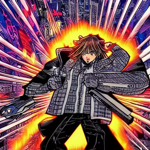 Prompt: chip and pin trip, manga comic book cover, action, explosions, by alex grey