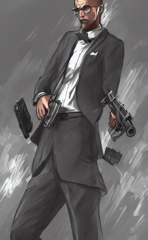 Image similar to rabbit as a hitman, suit and tie, with silenced gun, dynamic lighting, fantasy concept art, trending on art station, stunning visuals, creative, cinematic, ultra detailed, comic strip style