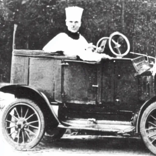 Prompt: Danish priest in 1916 driving a Ford-T recklessly while singing about crows