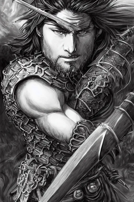 Prompt: A realistic anime portrait of a young handsome male barbarian with long wild hair, intricate fantasy spear, plated armor, vivid colors, colored, D&D, dungeons and dragons, tabletop role playing game, rpg, jrpg, digital painting, by Frank Frazetta and Kentaro Miura, concept art, highly detailed, promotional art, HD, digtial painting, trending on ArtStation, golden ratio, rule of thirds, SFW version