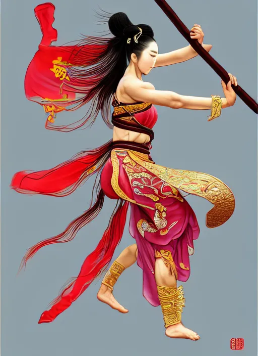 Image similar to a barefoot female dancer using a silk belt as weapon, wuxia, xianxia, barefoot, tanned skin, athletic, vivacious, absurdly beautiful, hanfu, fully clothed, chinese ribbon dance, silk belt, scorpion whip, detailed, anatomically accurate, fantasy illustration, in the style of wlop on artstation, wang liang.