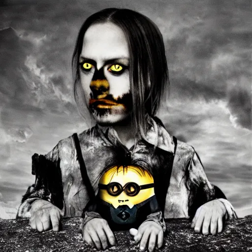 Image similar to darkthrone transilvanian hunger album cover with minions
