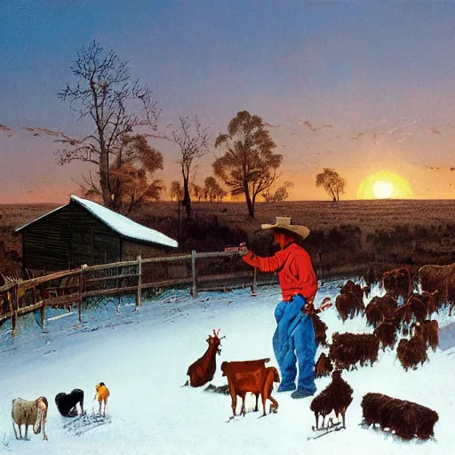 Image similar to an extremely detailed matte painting of a rancher feeding the animals at sunrise, tall rancher wearing a cowboy hat, dogs, cows, sheep, chickens, ducks, 4 k, ranch the morning after a light snowfall, by bob ross and norman rockwell
