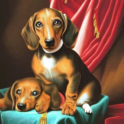 Prompt: the royal dachshund by greg hildebrandt puppy regal baroque