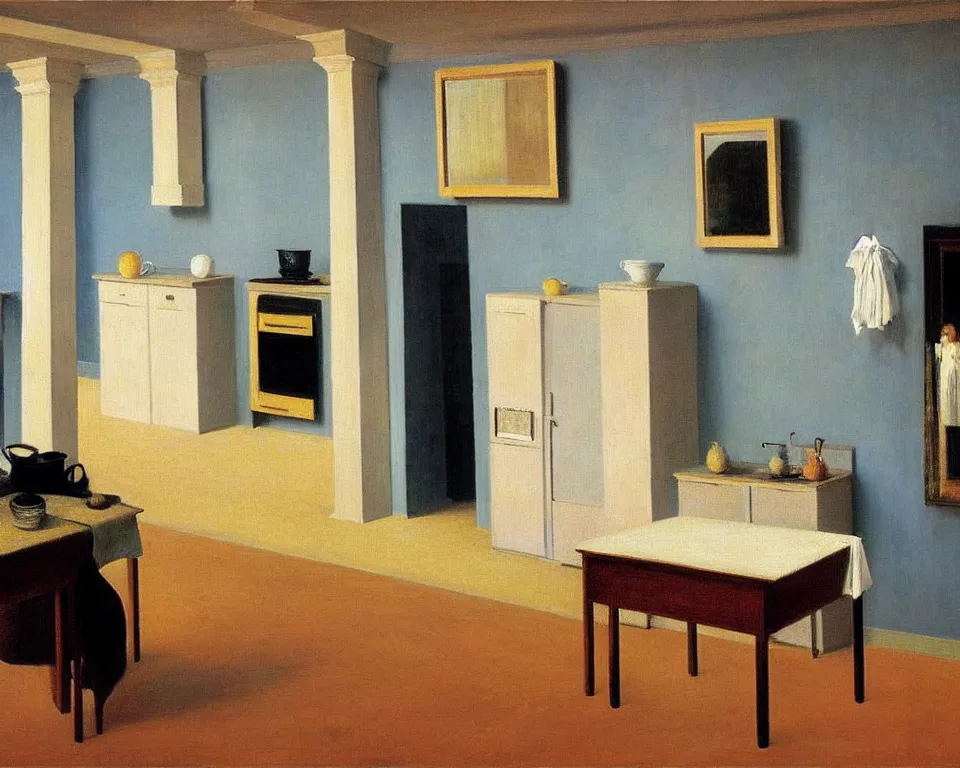 Prompt: achingly beautiful painting of a sophisticated, well - decorated, modern kitchen by rene magritte, monet, and turner.