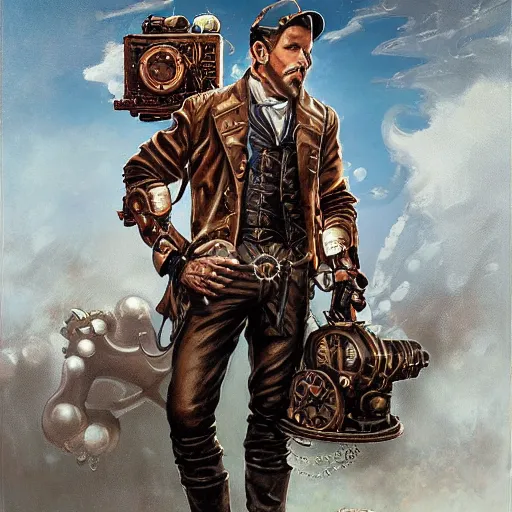 Prompt: a beautiful painting of steampunk Ryan Reynolds , by Mizuri AU and Soufiane Idrassi and BONDARTS and Tomasz Alen Kopera and Klaus Wittmann and Deathburger and Daniel Romanovsky and Aku, trending on art station