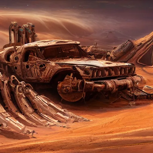 Image similar to painting of a sand landscape, futuristic, mad max style, wreckage of giant, buried, humanoid robots, oasis, 4 k, desolation