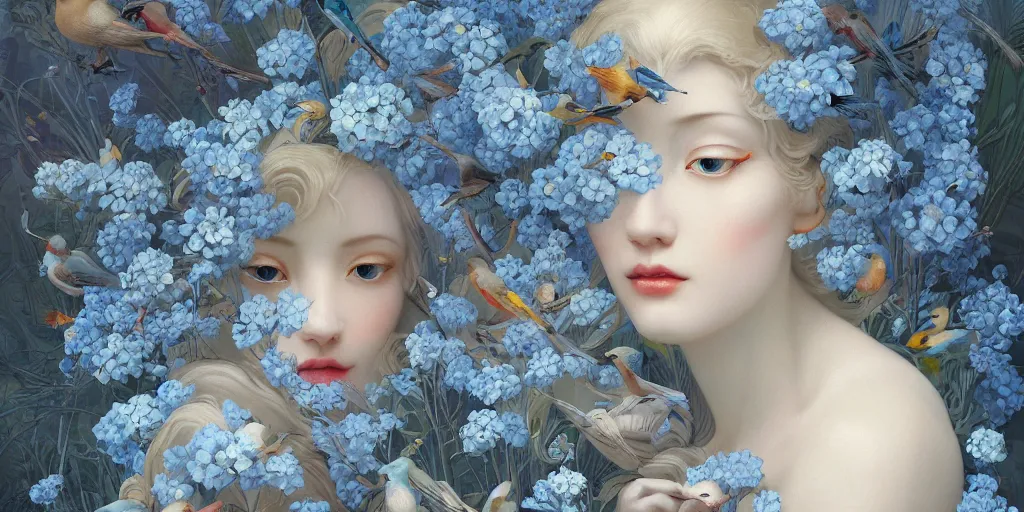 Image similar to breathtaking detailed concept art painting art deco pattern of blonde faces goddesses amalmation light - blue flowers with anxious piercing eyes and blend of flowers and birds, by hsiao - ron cheng and john james audubon, bizarre compositions, exquisite detail, extremely moody lighting, 8 k