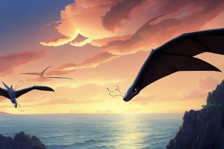 Image similar to a large smooth skinned white creature hybrid pterosaur, small quills along it's back, long fangs, sitting on a cliff high in the sky, sunset, backlit, beautiful composition, by makoto shinkai an krenz cushart