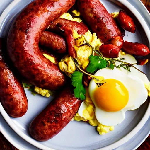 Image similar to bacon sausages scrambled eggs, hyper realistic, award winning food photography