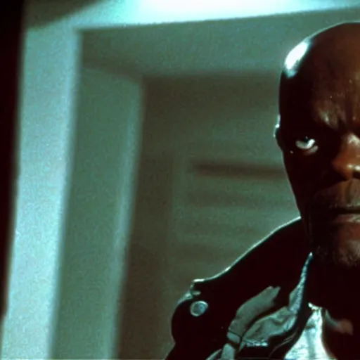 Prompt: Samuel L. Jackson plays Terminator, scary, red eye glowing, skeleton, scene from the film