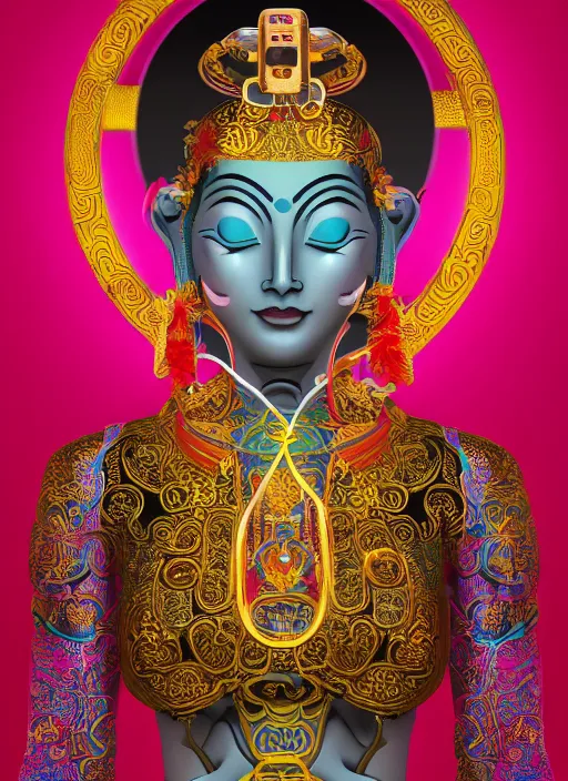 Prompt: realistic tibetan tara android, symmetrical young face, elegant hands, cords and wires, glow, electric, big golden jewellery, crystals, heavenly, golden dress, filigree, black paper, hokusai, golden ink baroque, renaissance, symmetrical, sci - fi, retro futurism, octane render, cinematic light, rule of thirds, dramatic shadows, highly detailed