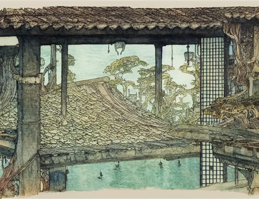 Image similar to a detailed, intricate watercolor and ink illustration with fine lines of the view from the river of a building with a roof like a japanese umbrella by frank lloyd wright, by arthur rackham and edmund dulac and lisbeth zwerger