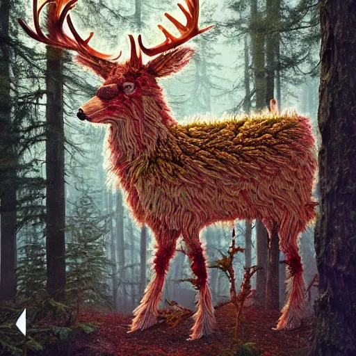 Prompt: a fluffy android stag fractal in the forest :: by Martine Johanna and Simon Stålenhag and Chie Yoshii and Casey Weldon and Guillermo del toro :: ornate, dynamic, particulate, intricate, elegant, highly detailed, centered, artstation, smooth, sharp focus, octane render, 3d