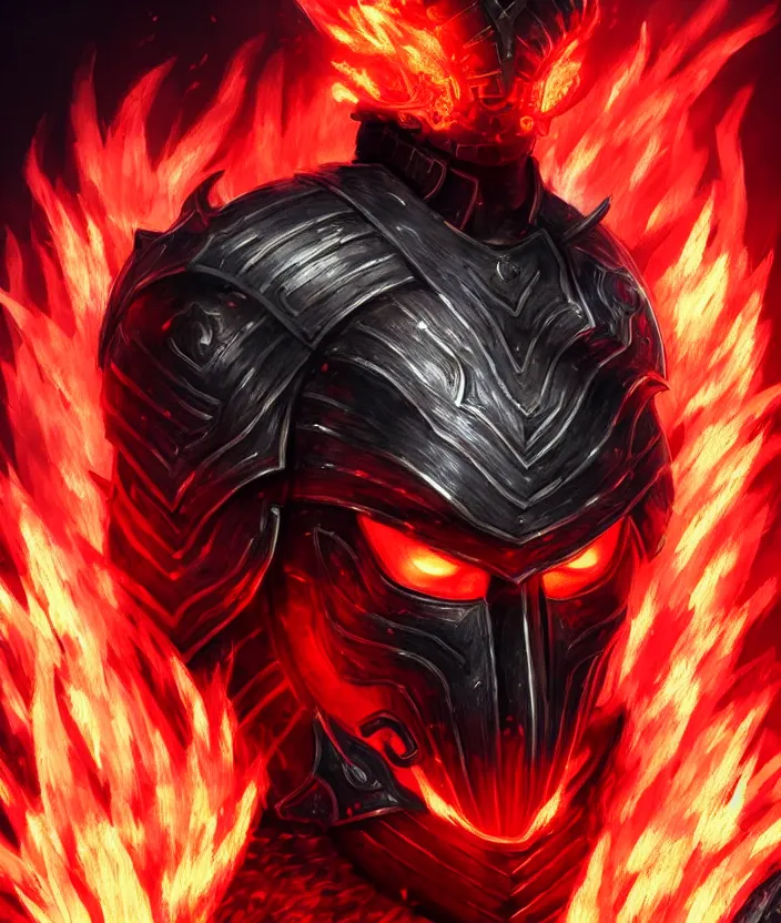 Image similar to a detailed manga portrait illustration of a dark warrior in black plated armour surrounded by red flames, trending on artstation, digital art, 4 k resolution, detailed, octane render, high quality, sharp focus, hq artwork, insane detail, concept art, character concept, character illustration