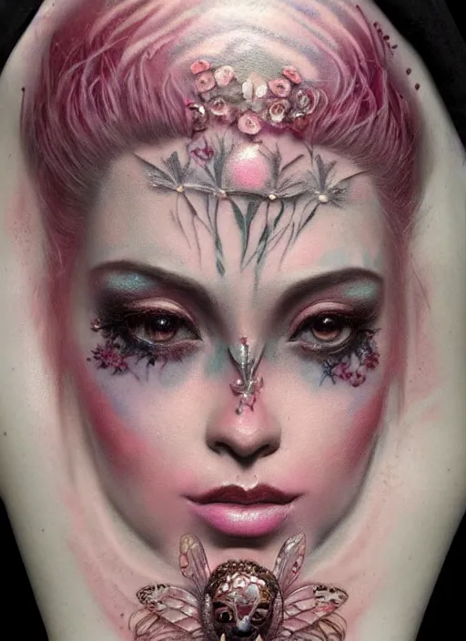 Image similar to portrait of pink fairy, symmetric, facepaint facepaint facepaint, intricate jewelry, trending on artstation 4 k, high quality, in the style of karol bak and tom bagshaw, tattoos