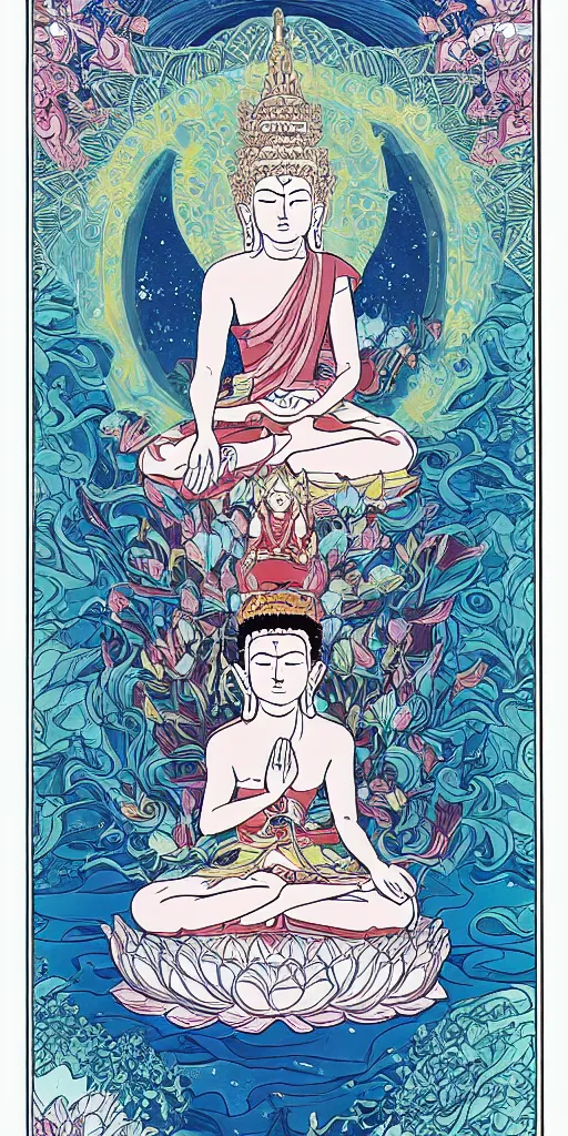 Image similar to buddha sitting on a throne of ice surrounded by lotus flowers drawn by studio trigger, in the style of Little Witch Academia, spiritual enlightenment, tarot card, Tarot card the Hierophant,