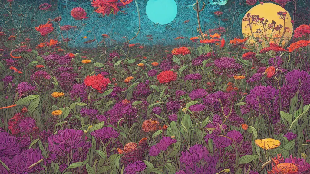 Image similar to highly detailed illustration of a world growing all kinds of flowers by kilian eng, by moebius!, by oliver vernon, by joseph moncada, by damon soule, by manabu ikeda, by kyle hotz, by dan mumford, by kilian eng