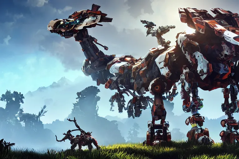 Image similar to grazer machine mecha animal beast robot of horizon forbidden west horizon zero dawn bioluminiscence global illumination ray tracing hdr fanart arstation by sung choi and eric pfeiffer and gabriel garza and casper konefal