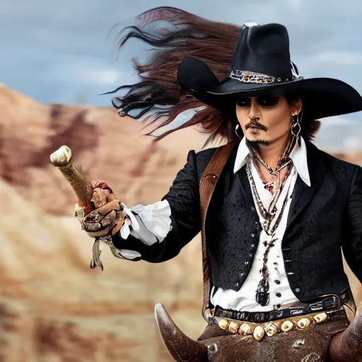 Prompt: Johnny Depp riding a bull, 8k ultra hd, hyper detailed