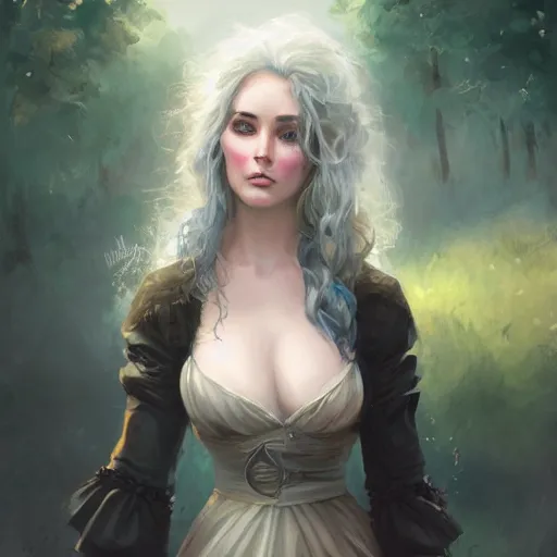 Image similar to yennefer of vengerberg in a field, detailed face, cute, playful, pearlescent, fantasy, featured on artstation, in the style of daniel gerhartz and krenz cushart, Alexis Franklin, Thomas River, WLOP, Artgerm by Charlie Bowater