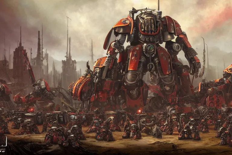 Prompt: matte painting of Adeptus Mechanicus legion, by Lewis Jones, praise the omnissiah, preparing for battle, concept art, cool hue, digital painting, Warhammer 40K