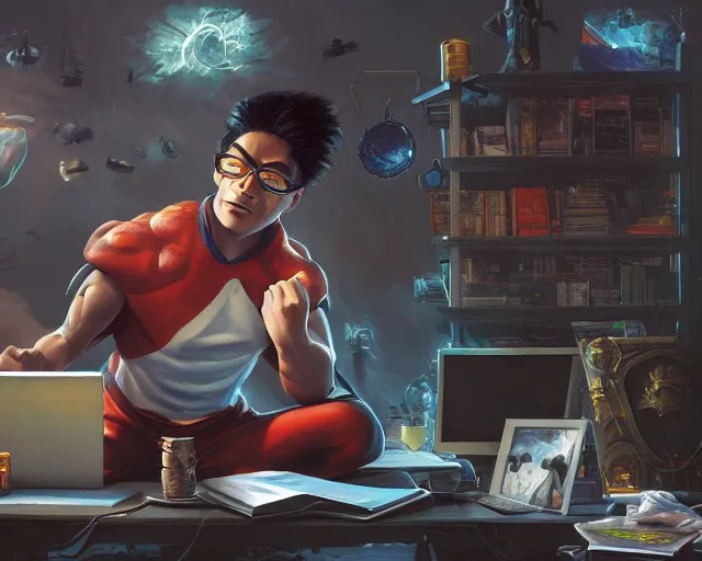 Image similar to an insanely detailed painting of a nerdy asian man wearing a superhero costume, sitting at a desk, staring at the nervously at the computer and typing, in the style of peter mohrbacher, dramatic lighting and composition, surreal background, octane render, pixar, trending on artstation, concept art, comic book, view from behind