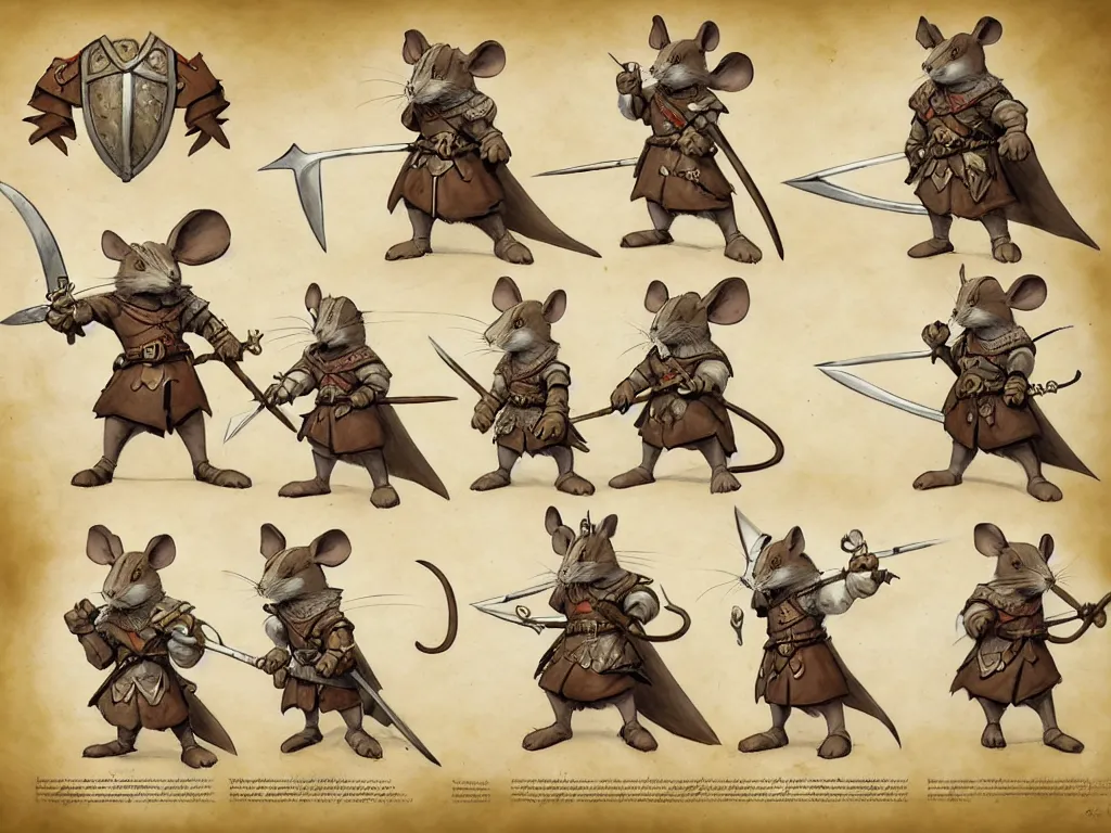 Image similar to character design sheet for a heroic mouse knight with sword and shield on a parchment background, redwall, greg rutowski and jean baptiste monge, very very detailed, epic fantasy concept art